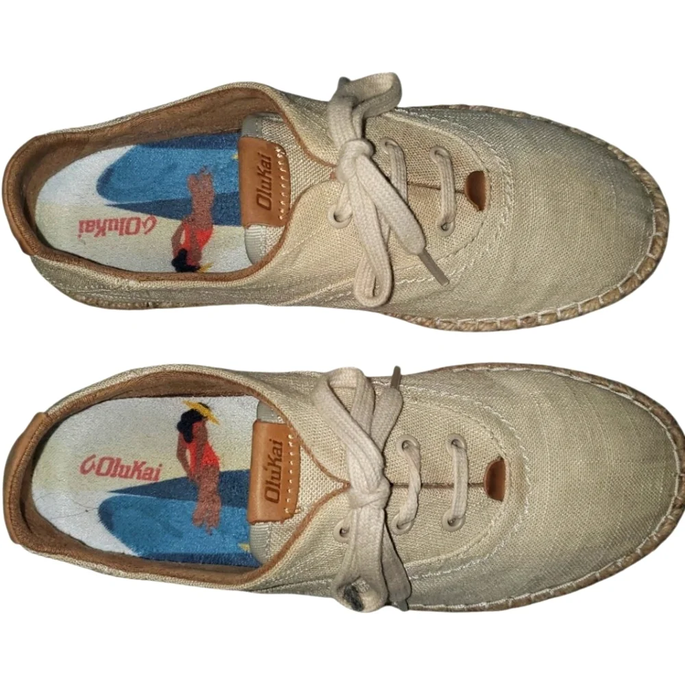 OLUKAI Kaula Pa'a Li Cream Linen LaceUp Boho Minimalist‎ Espadrille Flats Size 7
